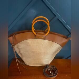 Lanidor Woven Satchel Purse w/ Leather Details Wood Top Handle Adjustabl…